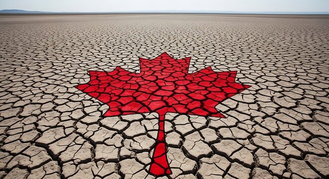 A red canadian maple leaf symbol on a dry cracked earth desert landscape