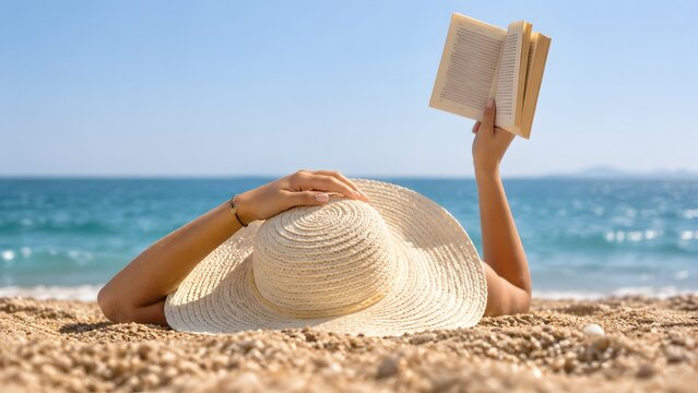 Person lying on sandy beach under a large straw hat reading a book beside the sea