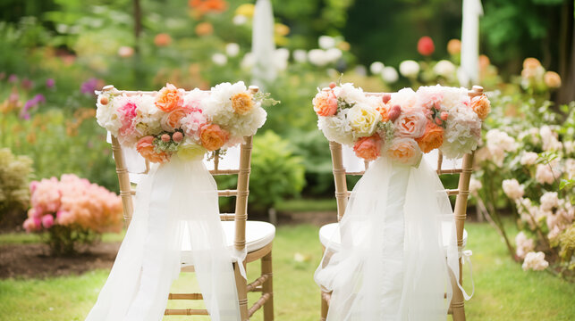 Two wooden chiavari chairs decorated with fresh roses, peonies and white tulle fabric for an outdoor wedding ceremony. Elegant floral wedding decor in a blooming summer garden.