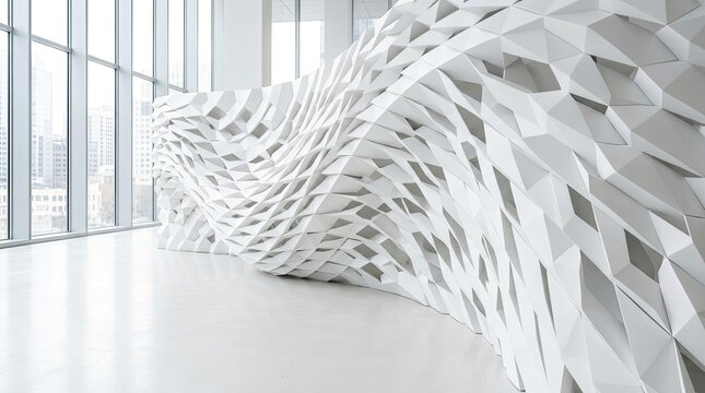 Modern White Parametric Wall Installation in a Contemporary Office Lobby with Large Windows and City View