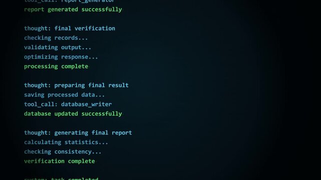 Automated python code running on computer screen displaying console logs in high quality motion video footage