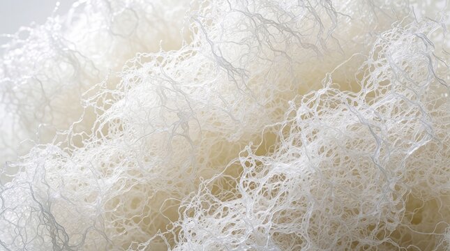 Macro view of white chitosan fiber texture. Natural biopolymer material shows complex organic structure for science research. Sustainable biodegradable substance used in biotech industry, medicine