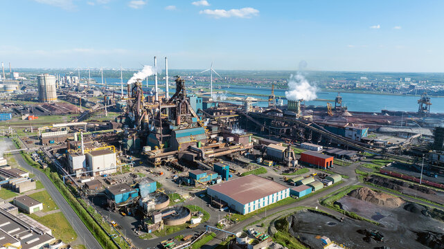 Aerial view of industrial facilities in IJmuiden, the Netherlands