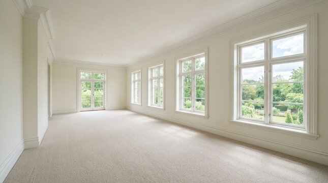 Spacious empty room in a luxury home with large windows overlooking a green garden, bright minimalist interior design with crown molding and beige carpet