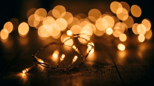 Closeup of glowing warm string lights coiled on a dark rustic wooden surface with soft bokeh background
