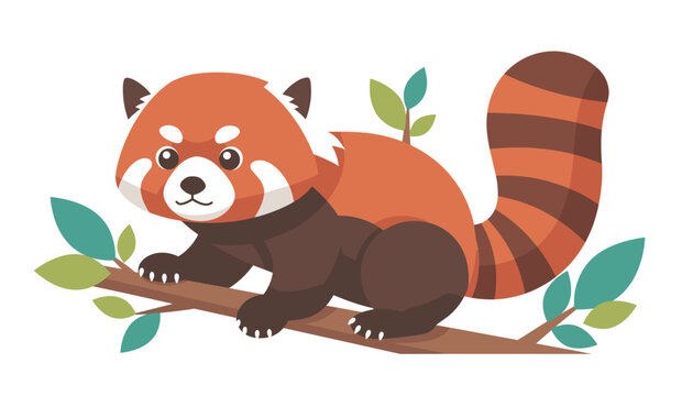 Cute red panda cartoon character climbing on tree branch with green leaves isolated on white background.