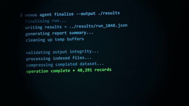 Command line interface displaying terminal text lines processing data analytics tasks in motion video clip