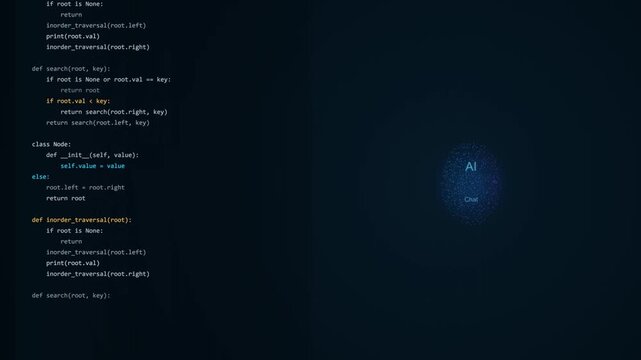 Artificial intelligence chat interface and python programming code displayed on digital computer monitor screen video footage