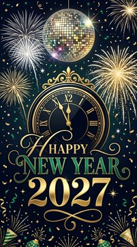Happy new year 2027 greeting card design with a shiny disco ball, vintage clock showing midnight, and bright colorful fireworks exploding in the dark night sky for celebration party