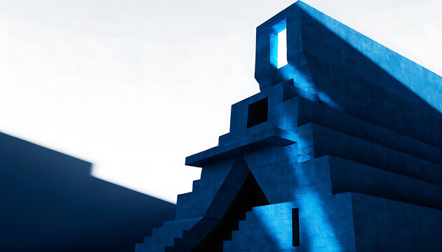 Architectural concept, modern blue concrete architecture forming an abstract masculine silhouette, strong geometric shadows, sunlight entering through openings, minimalist brutalist design