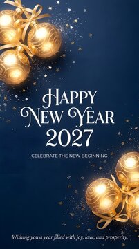 Happy new year 2027 greeting card design with golden shiny christmas baubles and sparkling stars on a deep dark blue background for festive holiday celebration and party invitations