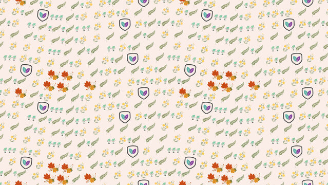 Seamless pattern with leaves, flowers, and shield icons