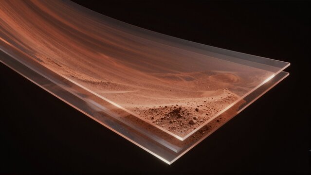 digital art piece appears rendering desert landscape background black foreground square shaped object transparent surface surface object covered reddish brown color streaks orange yellow extending