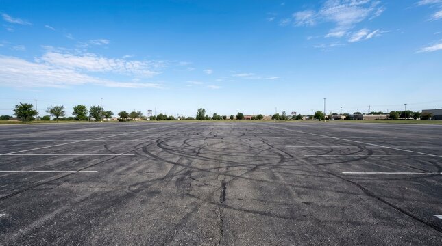 Wide Angle View of Empty Asphalt Parking Lot with Tire Skid Marks Under Blue Sky