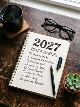 Open notebook with 2027 goals and planning list written on paper with a black pen and eyeglasses on a wooden table desk top view for new year resolution and personal productivity success