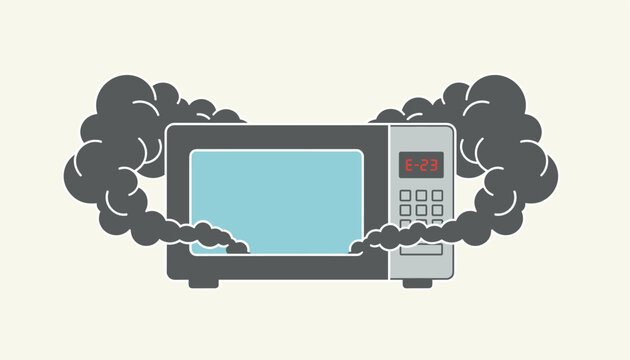 Modern grey kitchen microwave emitting dark plumes of smoke from inside showing an error message on the display.