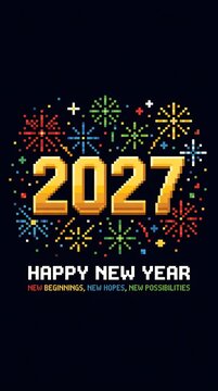 Happy new year 2027 greeting card design with gold pixelated numbers and colorful fireworks on a black background for a festive holiday celebration and digital art style party