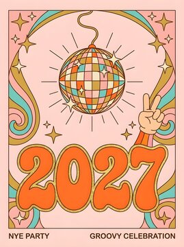 Retro 2027 new year eve party poster with a shiny disco ball and a hand making a peace sign in a groovy vintage seventies style with colorful swirling patterns and glowing stars