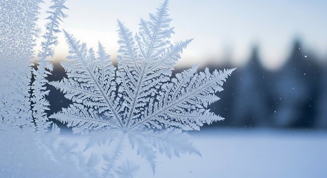Natural frost patterns forming a beautiful leaf shape on a cold window pane in winter