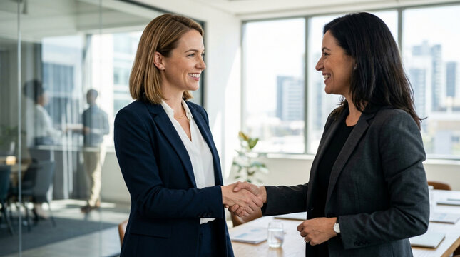 Two business women shaking hands in modern office, agreement and partnership