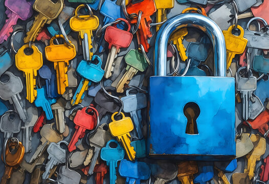 Colorful keys and a large blue padlock