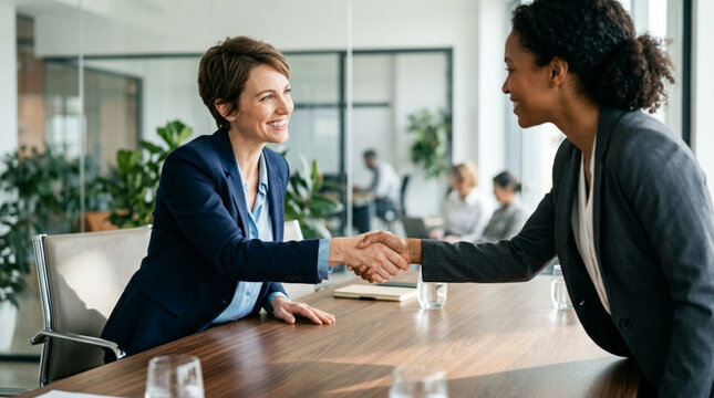 Two businesswomen shaking hands in modern office meeting room
