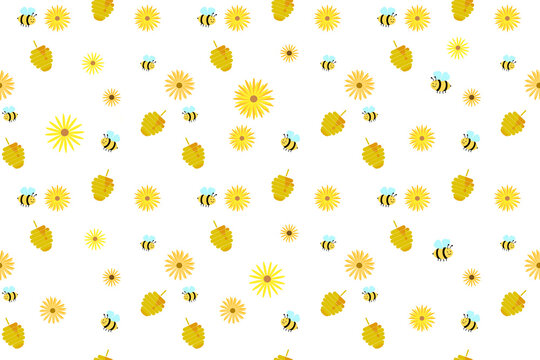 Flying honey bee background. Honey bee with bee hive and yellow daisy flower seamless pattern on white background. Bee summer flat design illustration 