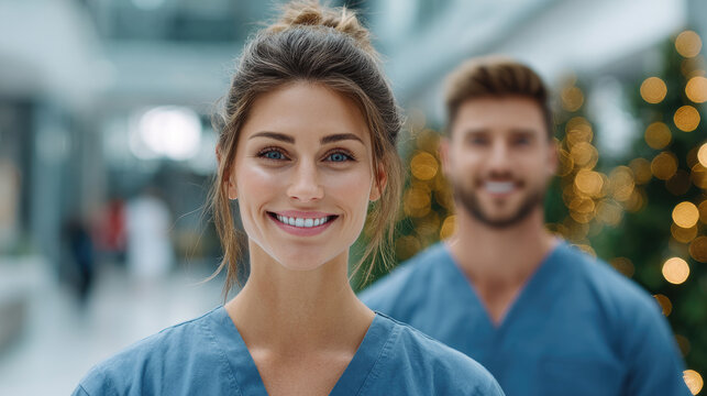 Smiling female medical professional in blue scrubs stands confidently in a hospital hallway, festive christmas decorations and a blurred colleague behind her-holiday care and dedication