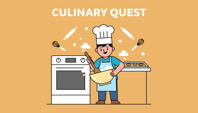 Young cheerful chef mixes cake dough in a large bowl next to a hot oven with the words culinary quest above.