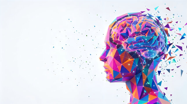 Colorful human head profile with exploding geometric brain shapes representing abstract thinking