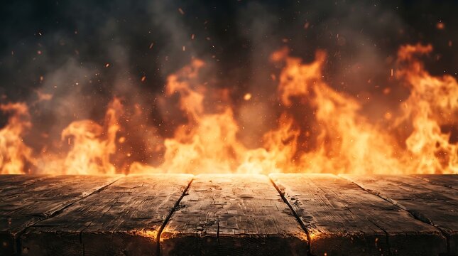 Empty rustic wooden table surface in front of a blazing fire background with glowing embers and smoke
