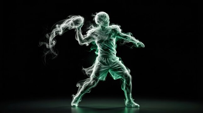 American football quarterback silhouette formed by glowing green smoke throwing ball against dark background
