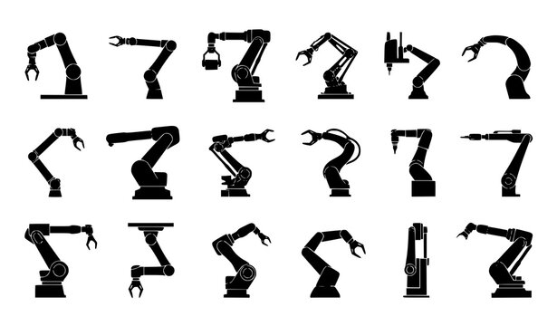 Industrial Robot Arm Black Silhouette Set