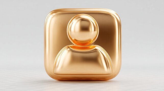 Golden user icon, 3D person symbol for social media and profile design, isolated on white background.