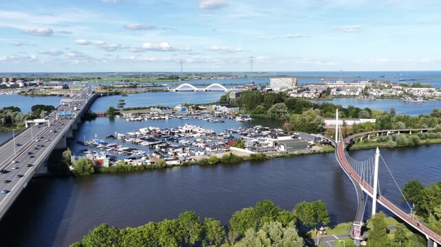 Aerial view of the Nesciobrug and highway A10 in Amsterdam, the Netherlands