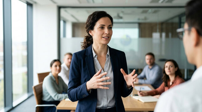 Woman leader presents ideas to colleagues in modern office meeting