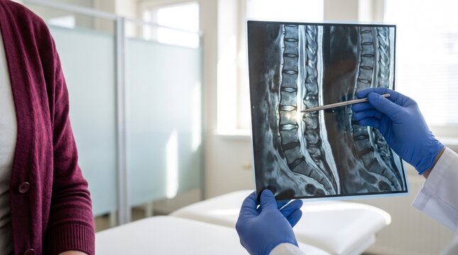 doctor holding a spinal mri scan and pointing out lumbar vertebrae to a patient. clinical radiology review and back pain diagnosis.