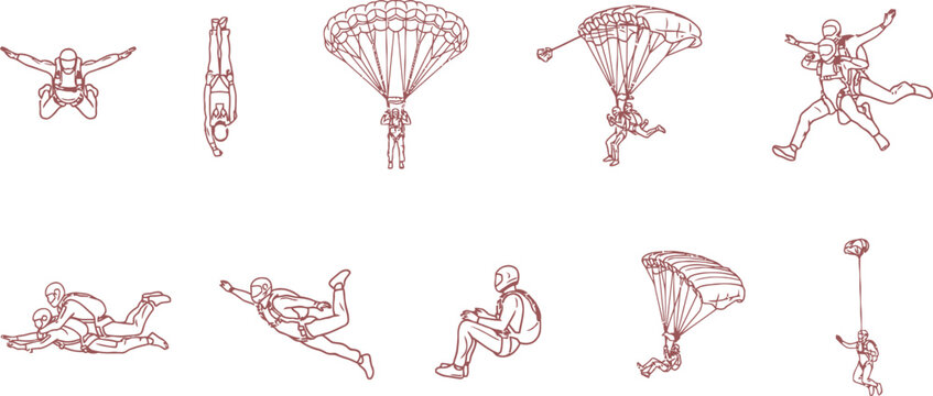 Skydiver sequence in freefall and parachute deployment with dynamic poses against a clean background