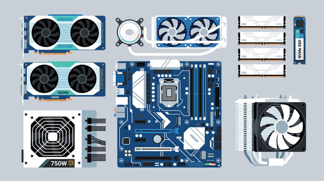 Top view of computer hardware components including motherboard graphics cards and cooling system.