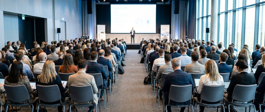 Audience at business conference listening to speaker on stage in modern hall