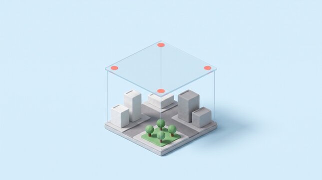 Minimalist 3D isometric city model with floating transparent plane and red marker points 3D model city planning urban design miniature city