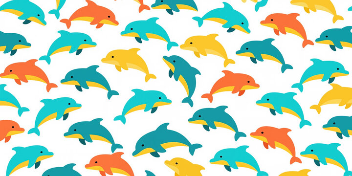 A repeating pattern of multicolored dolphin illustrations in various directions and shades of teal, orange, and yellow, with a minimalist style on a white background.