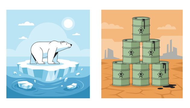 Global warming and pollution concept showing a polar bear on melting ice beside stacked chemical toxic barrels.