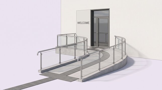 Modern accessible building entrance with a ramp and handrails and welcome sign accessible design wheelchair access modern architecture