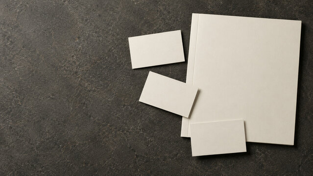 Blank business cards and presentation folder on dark stone