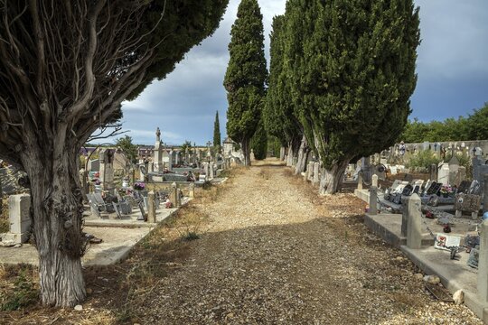 Graves, gravestones, cemetery in Puimoisson, Provence, region Provence-Alpes-C&ocirc;te d'Azur, department Alpes-de-Haute-Provence, France