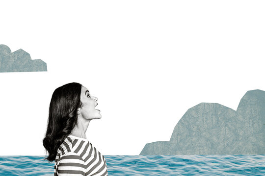 Composite photo collage of happy excited woman watch sky cassiopeia constellation water sea view ocean isolated on painted background