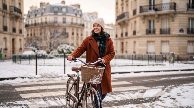 Snow-covered crosswalk, Young woman walking bicycle on snowy city street in winter