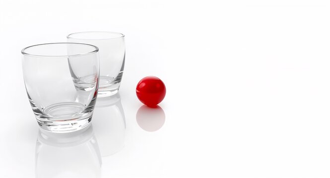 A close-up of a shell game featuring three transparent glasses and a red small ball on a pristine white background, designed with ample space for additional graphic elements.