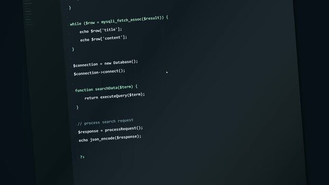 PHP programming code scrolling down rapidly on a dark computer monitor screen in this video clip